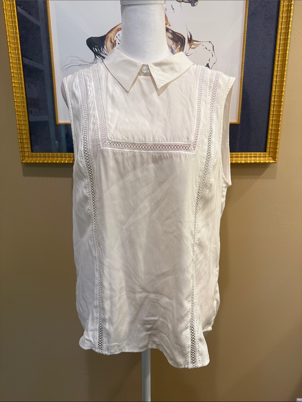 Veronica Beard Cream Lace-Trim Collared Sleeveless Top